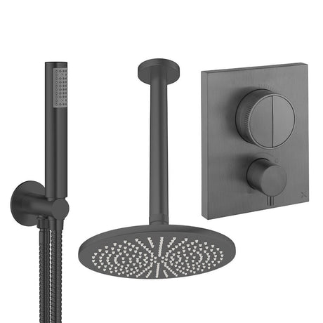 UK Bathroom Store Concealed Shower Set Slate / Ceiling Arm / 300mm Crosswater Crossbox Push Shower Set 1 - 2 Outlet with Fixed Overhead Shower and Pencil Handset