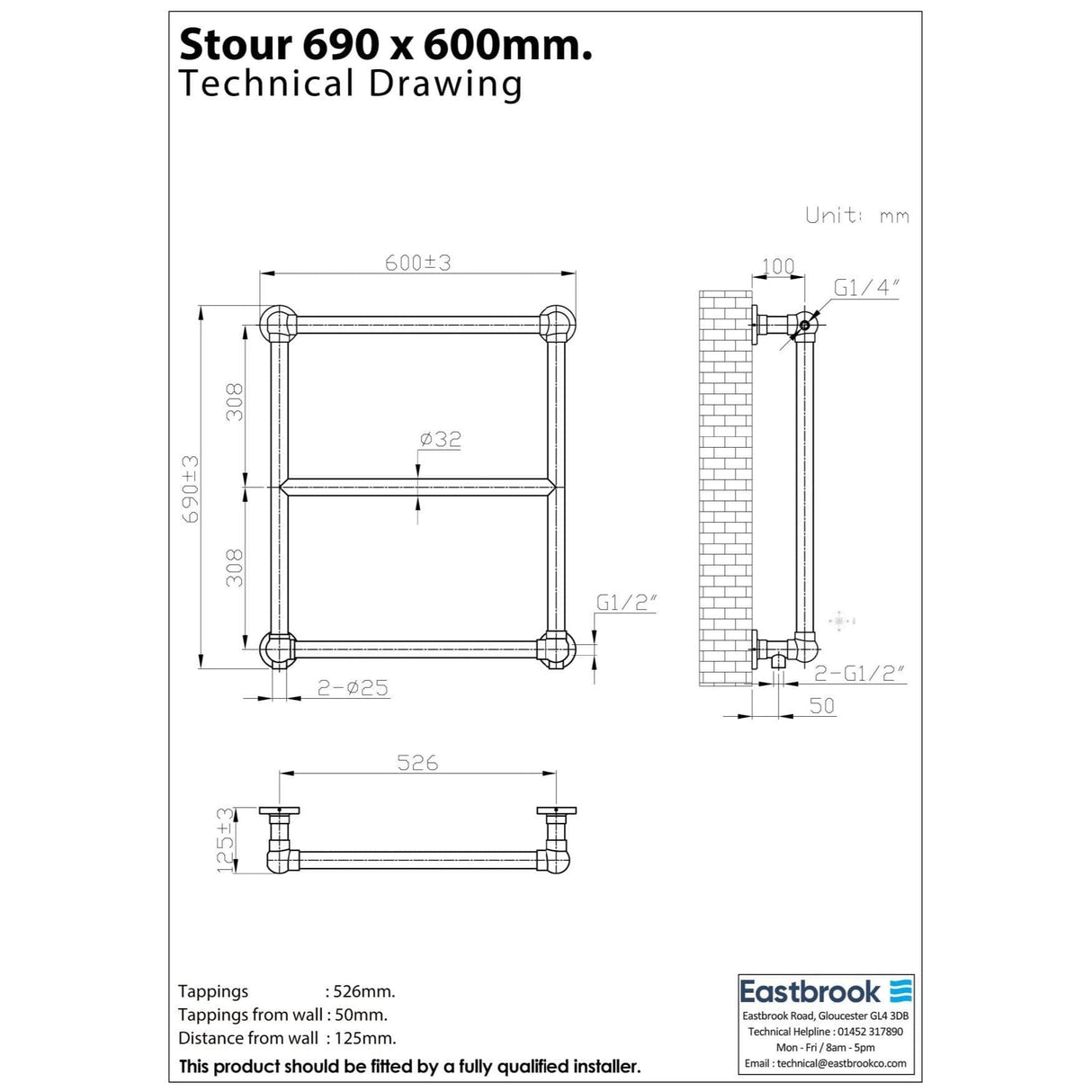 Eastbrook Stour Vertical Traditional Heated Towel Rail - 690 x 600 in Matt White