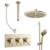 Crosswater Concealed Shower Set Brushed Brass / Ceiling Arm / 300mm Crosswater Design 3 Handle 3 Outlet Shower Set 9 with Slide Rail Kit, Rainfall Head and Overflow Bath Filler