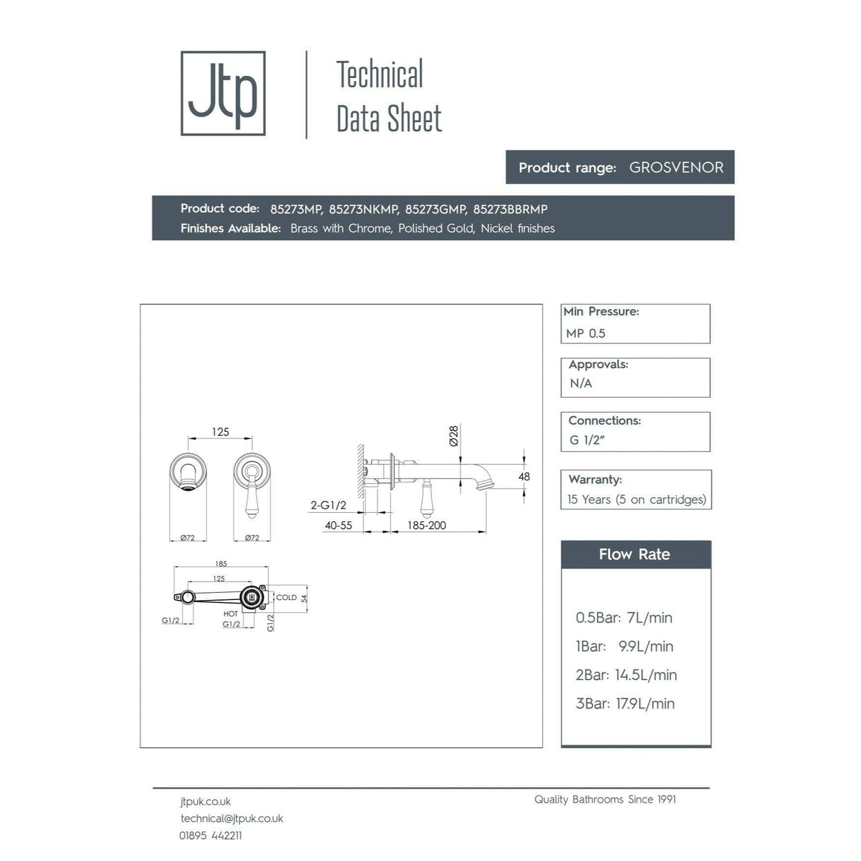 JTP Wall Mounted Basin Tap JTP Grosvenor Single Lever Wall Mounted Basin Mixer Tap