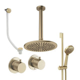 UK Bathroom Store Concealed Shower Set Brushed Brass / Ceiling Arm / 300mm Crosswater Module Shower Set 7 - 3 Outlet with Riser Rail Kit, Overhead Shower and Overflow Bath Filler