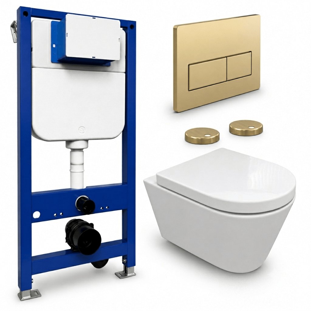 Aquarius Bathrooms Wall Hung Toilet Brushed Brass / Square Aquarius Urbano Rimless Wall Hung Toilet Pack with Frame, Flush Plate, Soft Closing Seat and Hinge Covers