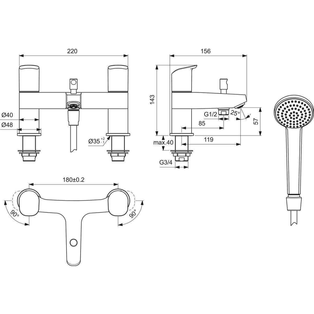 Ideal Standard Bath Shower Mixer Ideal Standard Ceraflex Two Hole Dual Control Bath Shower Mixer Tap in Chrome
