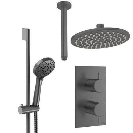 Crosswater Concealed Shower Set Slate / Ceiling Arm / 200mm Crosswater Design 2 Handle 2 Outlet Shower Set 4 with Rainfall Head and Slide Rail Kit