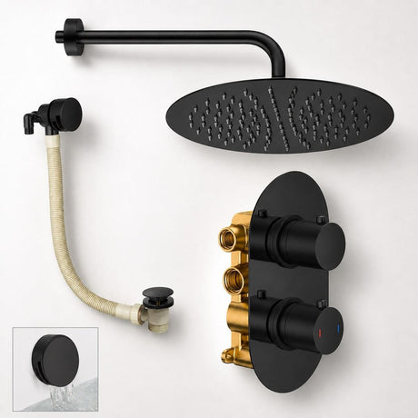 Aquarius Bathrooms Concealed Shower Set Matt Black Aquarius RainLux Round 2 Outlet Overflow Filler Shower Bundle