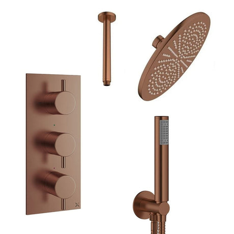 Crosswater Concealed Shower Set Brushed Bronze / Ceiling Arm / 300mm Crosswater Design 3 Handle 2 Outlet Shower Set 7 with Pencil Handset and Rainfall Shower Head