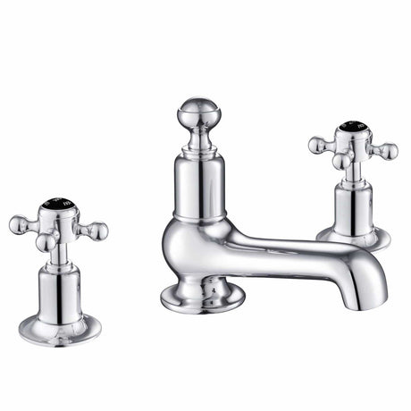 JTP 3 Tap Hole Basin Set Chrome with Black Indices JTP Grosvenor Cross Deck Mounted 3 Hole Basin Mixer Tap