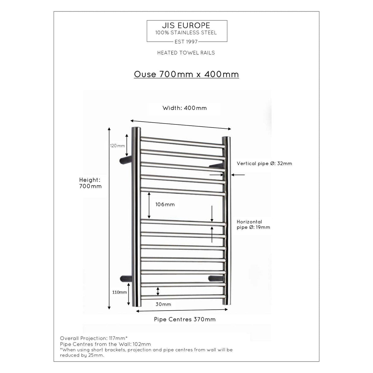 JIS Ladder Rail JIS Sussex Ouse Vertical Stainless Steel Heated Towel Rail