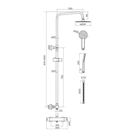 Aquadart Equate Exposed Thermostatic Shower Set with Adjustable Riser, Shower Head and Handset in Chrome