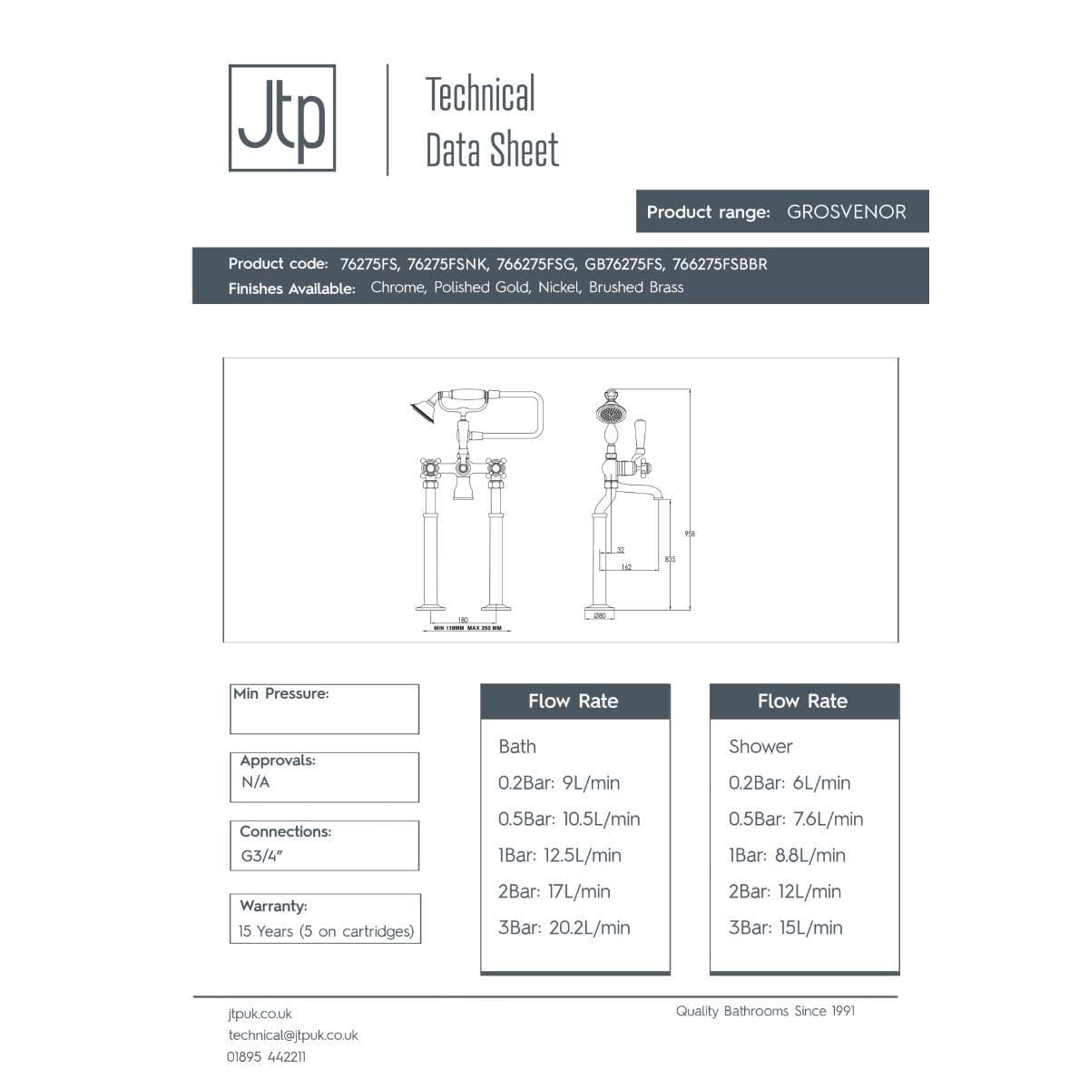 JTP Freestanding Bath Filler JTP Grosvenor Cross Freestanding Bath Shower Mixer with Kit