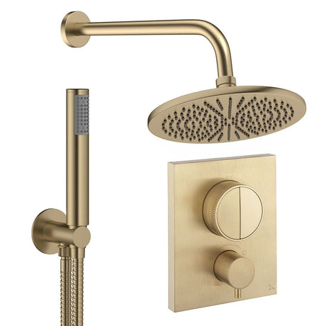 UK Bathroom Store Concealed Shower Set Brushed Brass / Wall Arm / 300mm Crosswater Crossbox Push Shower Set 1 - 2 Outlet with Fixed Overhead Shower and Pencil Handset