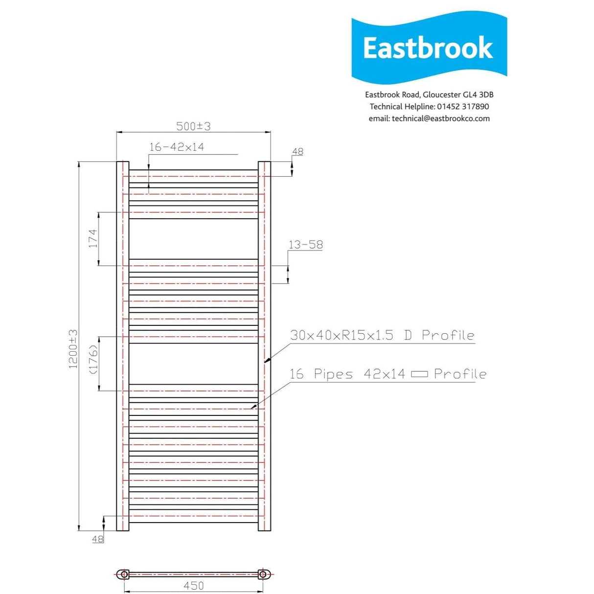 Eastbrook Designer Towel Radiator Eastbrook Staverton Designer Heated Towel Rail - 1200 x 500mm - Brushed Brass