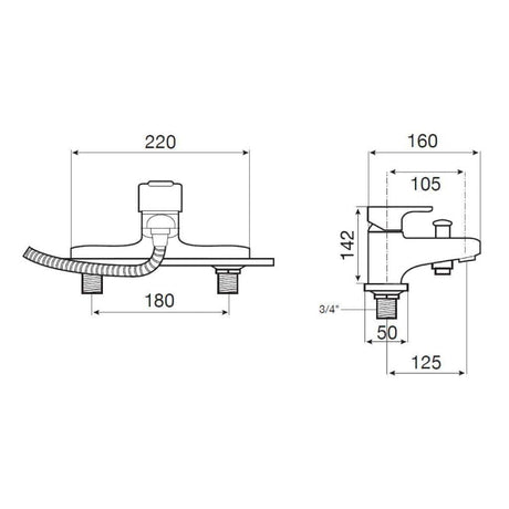 Roca Bath Shower Mixer Roca L20 Deck Mounted Bath and Shower Mixer Tap with Handset, Hose and Bracket