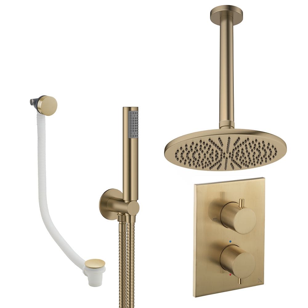 UK Bathroom Store Concealed Shower Set Brushed Brass / Ceiling Arm / 300mm Crosswater Crossbox Shower Set 9 - 3 Outlet with Fixed Overhead Shower,Pencil Handset and Overflow Bath Filler Waste