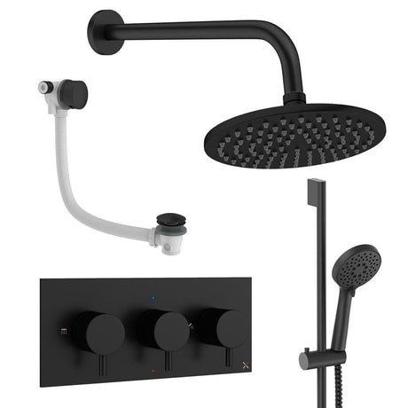 Crosswater Concealed Shower Set Matt Black / Wall Arm / 200mm Crosswater Design 3 Handle 3 Outlet Shower Set 9 with Slide Rail Kit, Rainfall Head and Overflow Bath Filler