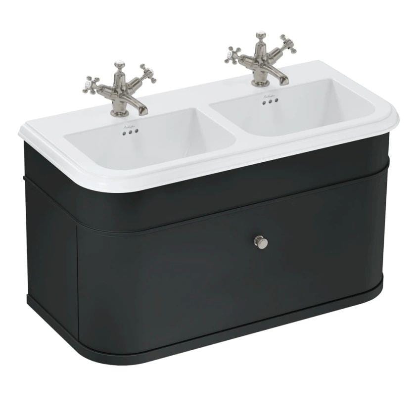 Burlington Double Sink Vanity Unit Matt Black / Ceramic Basin - 3 Tap Hole / Brushed Nickel Burlington Chalfont 1000mm Wall Mounted Single Drawer Vanity Unit with Double Basin