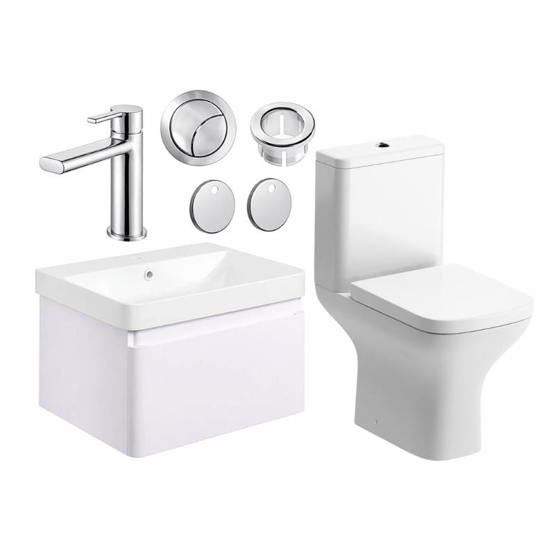 Aquarius Bathrooms Suites Matt White / Chrome Aquarius Sophie 605mm Wall Hung Vanity Unit, Close Coupled Toilet, Tap and Fittings Bundle