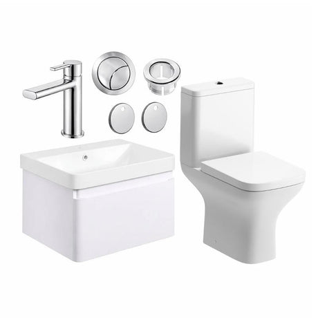 Aquarius Bathrooms Suites Matt White / Chrome Aquarius Sophie 605mm Wall Hung Vanity Unit, Close Coupled Toilet, Tap and Fittings Bundle