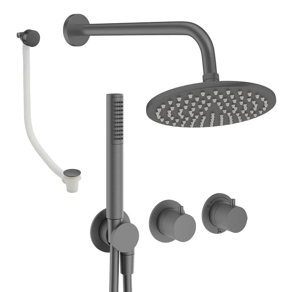 UK Bathroom Store Concealed Shower Set Slate / Wall Arm / 200mm Crosswater Module Shower Set 9 - 3 Outlet with Pencil Handset, Overhead Shower and Overflow Filler