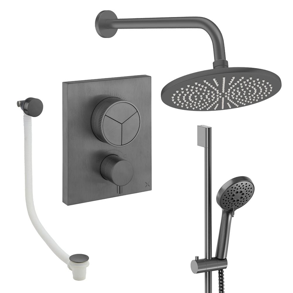 UK Bathroom Store Concealed Shower Set Slate / Wall Arm / 300mm Crosswater Crossbox Push Shower Set 8 - 3 Outlet with Fixed Overhead Shower, Slide Rail Kit and Overflow Bath Filler Waste