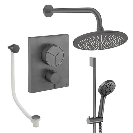 UK Bathroom Store Concealed Shower Set Slate / Wall Arm / 300mm Crosswater Crossbox Push Shower Set 8 - 3 Outlet with Fixed Overhead Shower, Slide Rail Kit and Overflow Bath Filler Waste