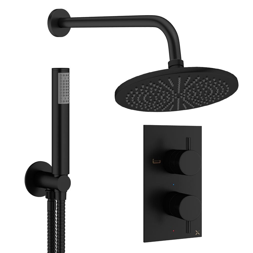 Crosswater Concealed Shower Set Matt Black / Wall Arm / 300mm Crosswater Design 2 Handle 2 Outlet Thermostatic Shower Set with Rainfall Head and Pencil Handset