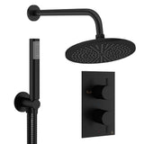 Crosswater Concealed Shower Set Matt Black / Wall Arm / 300mm Crosswater Design 2 Handle 2 Outlet Thermostatic Shower Set with Rainfall Head and Pencil Handset