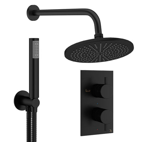 Crosswater Concealed Shower Set Matt Black / Wall Arm / 300mm Crosswater Design 2 Handle 2 Outlet Thermostatic Shower Set with Rainfall Head and Pencil Handset