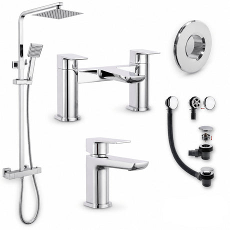 Aquarius Bathrooms Exposed Shower Set Chrome Aquarius Hydro Complete Shower Brassware Pack with Basin Mixer, Bath Mixer & Round Exposed Shower