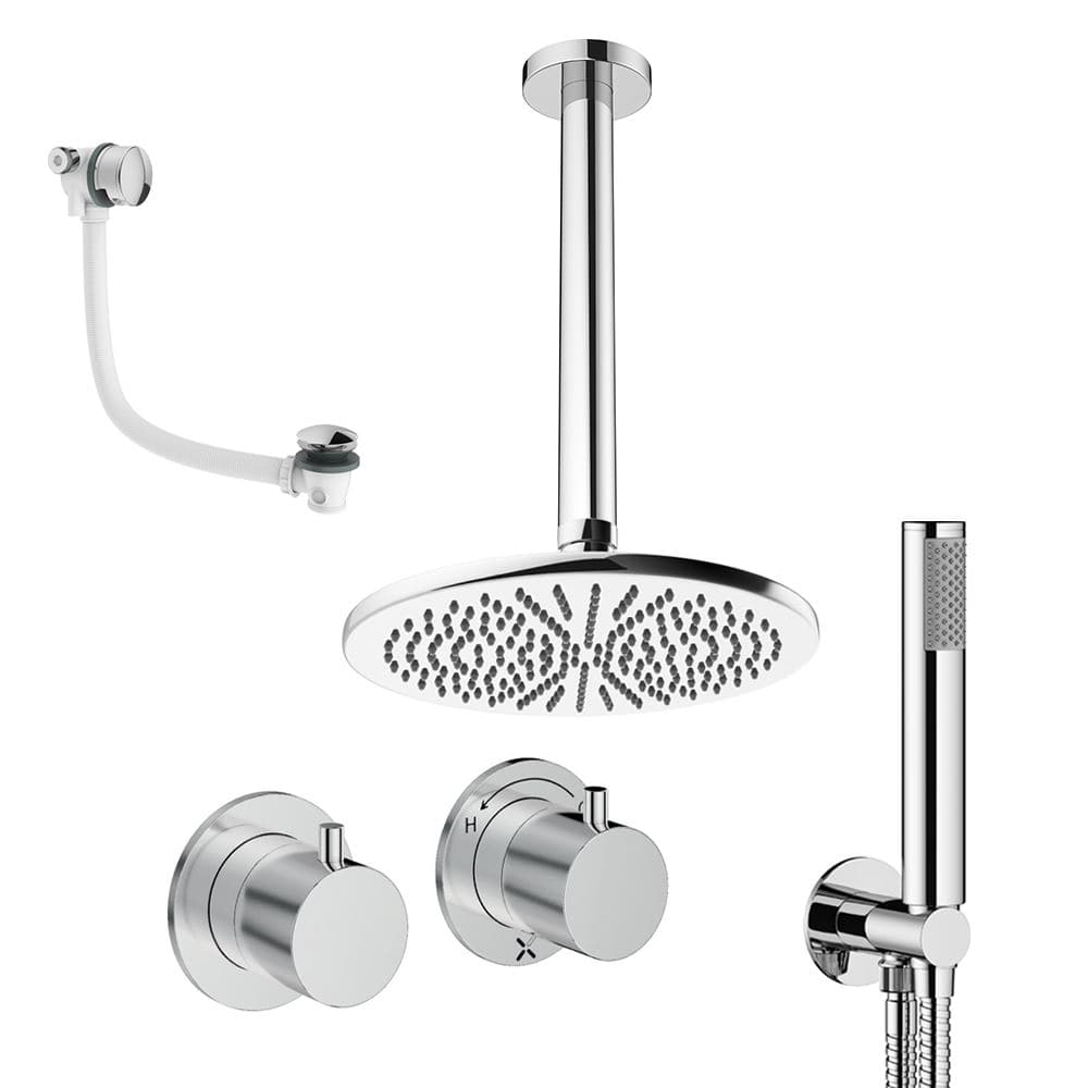 UK Bathroom Store Concealed Shower Set Chrome / Ceiling Arm / 300mm Crosswater Module Shower Set 6 - 3 Outlet with Overhead Shower, Handset and Overflow Bath Filler