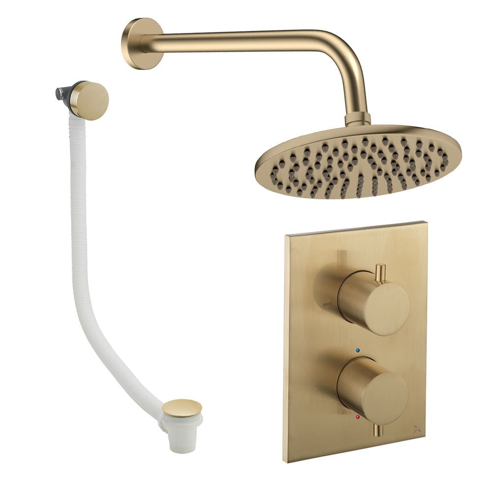 UK Bathroom Store Concealed Shower Set Brushed Brass / Wall Arm / 200mm Crosswater Crossbox Shower Set 7 - 2 Outlet with Fixed Overhead Shower and Overflow Bath Filler Waste