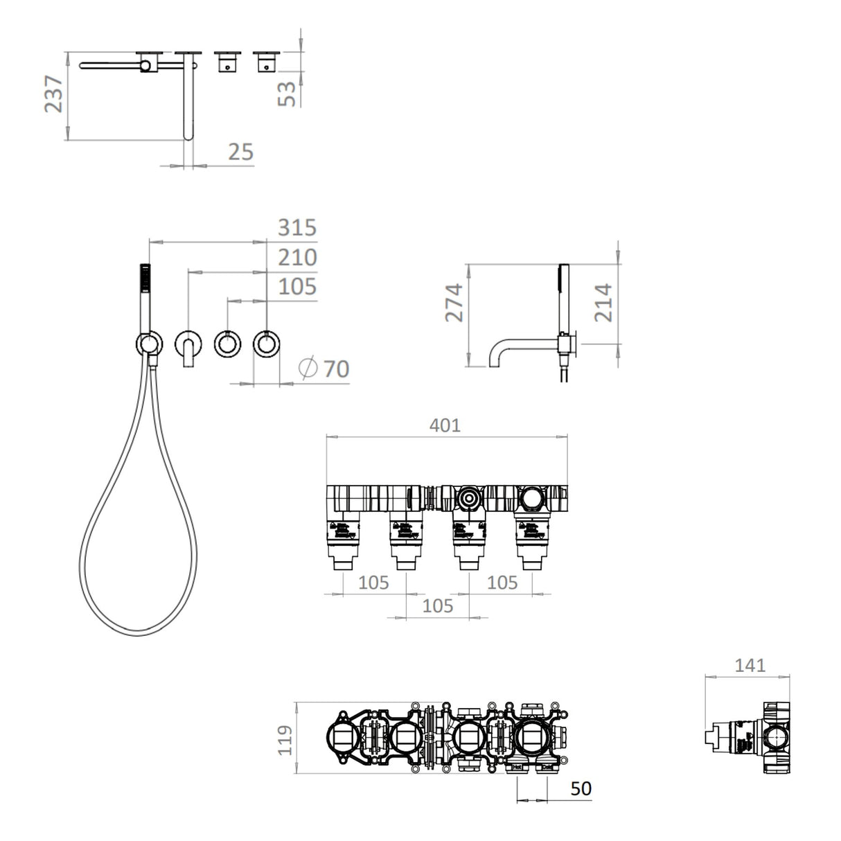 UK Bathroom Store Concealed Shower Set Crosswater Module Shower Set 10 with Pencil Handset and Bath Spout