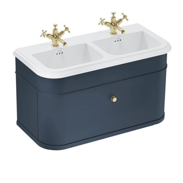 Burlington Double Sink Vanity Unit Blue / Ceramic Basin - 3 Tap Hole / Gold Burlington Chalfont 1000mm Wall Mounted Single Drawer Vanity Unit with Double Basin