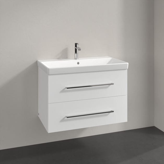 Villeroy & Boch Wall Mounted Vanity Unit Brilliant White with Chrome Handles Villeroy & Boch Avento Wall Hung Vanity Unit 780mm Two Drawers with Basin