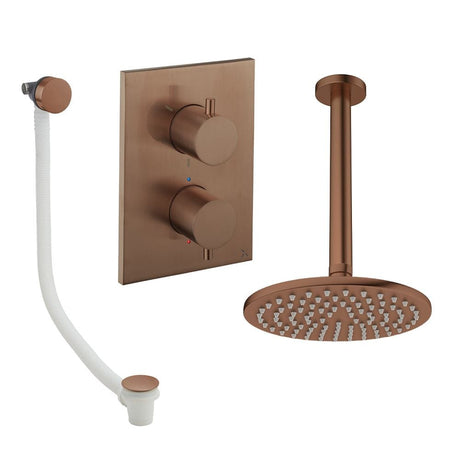 UK Bathroom Store Concealed Shower Set Brushed Bronze / Ceiling Arm / 200mm Crosswater Crossbox Shower Set 7 - 2 Outlet with Fixed Overhead Shower and Overflow Bath Filler Waste