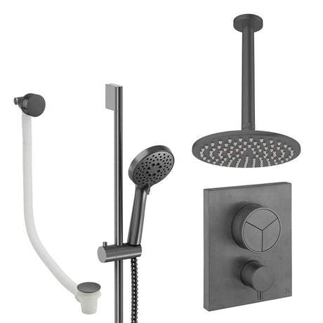 UK Bathroom Store Concealed Shower Set Slate / Ceiling Arm / 200mm Crosswater Crossbox Push Shower Set 8 - 3 Outlet with Fixed Overhead Shower, Slide Rail Kit and Overflow Bath Filler Waste