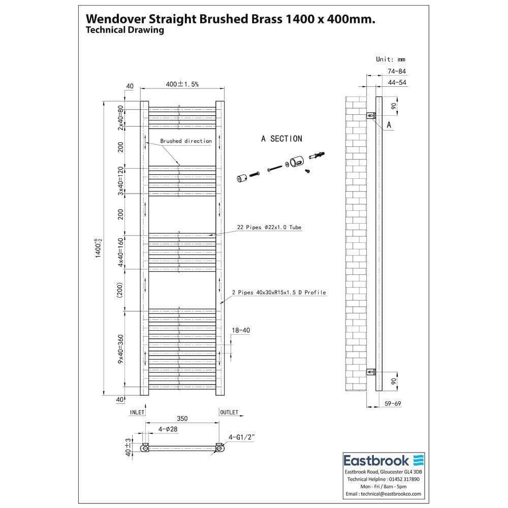 Eastbrook Wendover Straight Heated Towel Rail in Brushed Brass