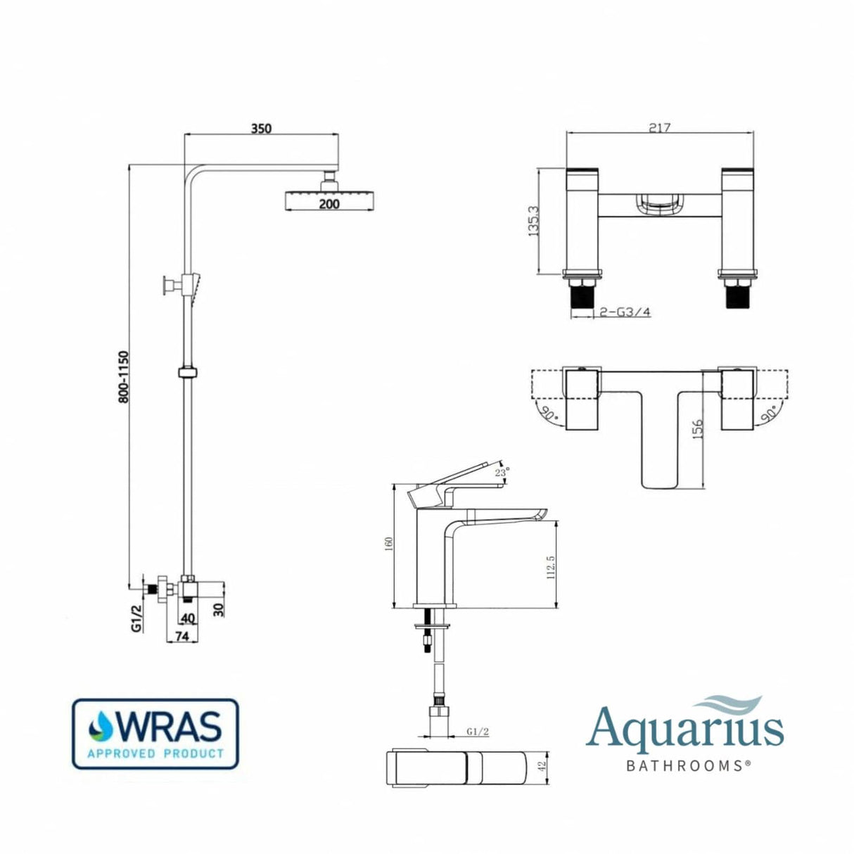 Aquarius Bathrooms Exposed Shower Set Aquarius Hydro Complete Shower Brassware Pack with Basin Mixer, Bath Mixer & Round Exposed Shower