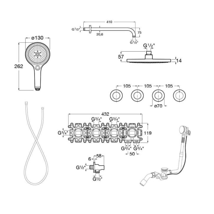 Roca Concealed Shower Set Roca T-Multi Switch Thermostatic Concealed Shower Valve with Rainshower Head, Shower Handset and  Overflow Bath Filler
