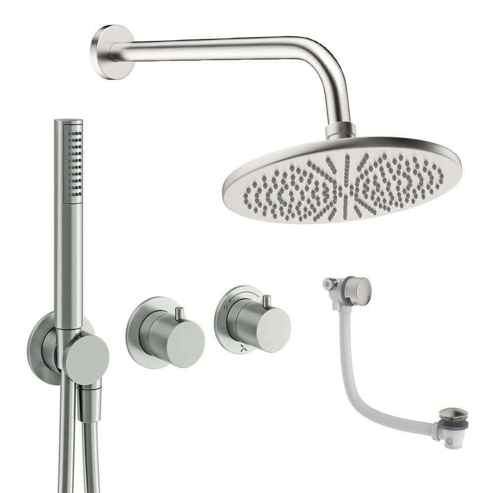 UK Bathroom Store Concealed Shower Set Brushed Nickel / Wall Arm / 300mm Crosswater Module Shower Set 9 - 3 Outlet with Pencil Handset, Overhead Shower and Overflow Filler