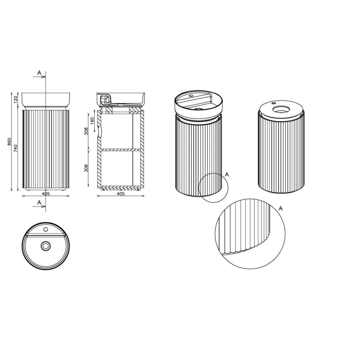 Saneux Oxford 400mm Floor Standing Round Fluted Vanity Unit with Basin