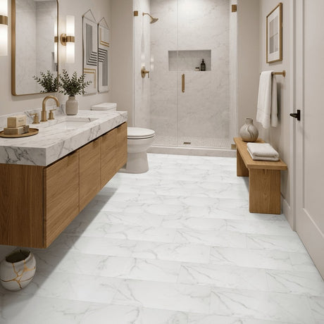UK Bathroom Store Click Flooring Aquarius Prati SPC Tile Click Flooring in White Marble - 100% Waterproof Rigid Core with Built-In Underlay