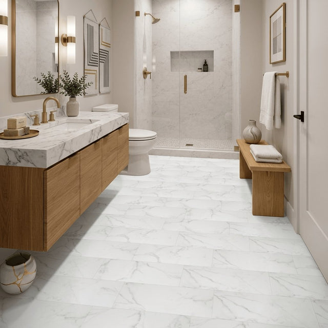 UK Bathroom Store Click Flooring Aquarius Prati SPC Tile Click Flooring in White Marble - 100% Waterproof Rigid Core with Built-In Underlay