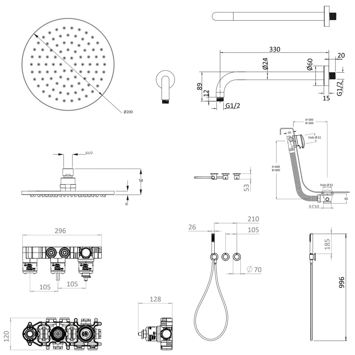 UK Bathroom Store Concealed Shower Set Crosswater Module Shower Set 9 - 3 Outlet with Pencil Handset, Overhead Shower and Overflow Filler