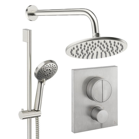 UK Bathroom Store Concealed Shower Set Brushed Nickel / Wall Arm / 200mm Crosswater Crossbox Push Shower Set 2 - 2 Outlet with Fixed Overhead Shower and Slide Rail Kit