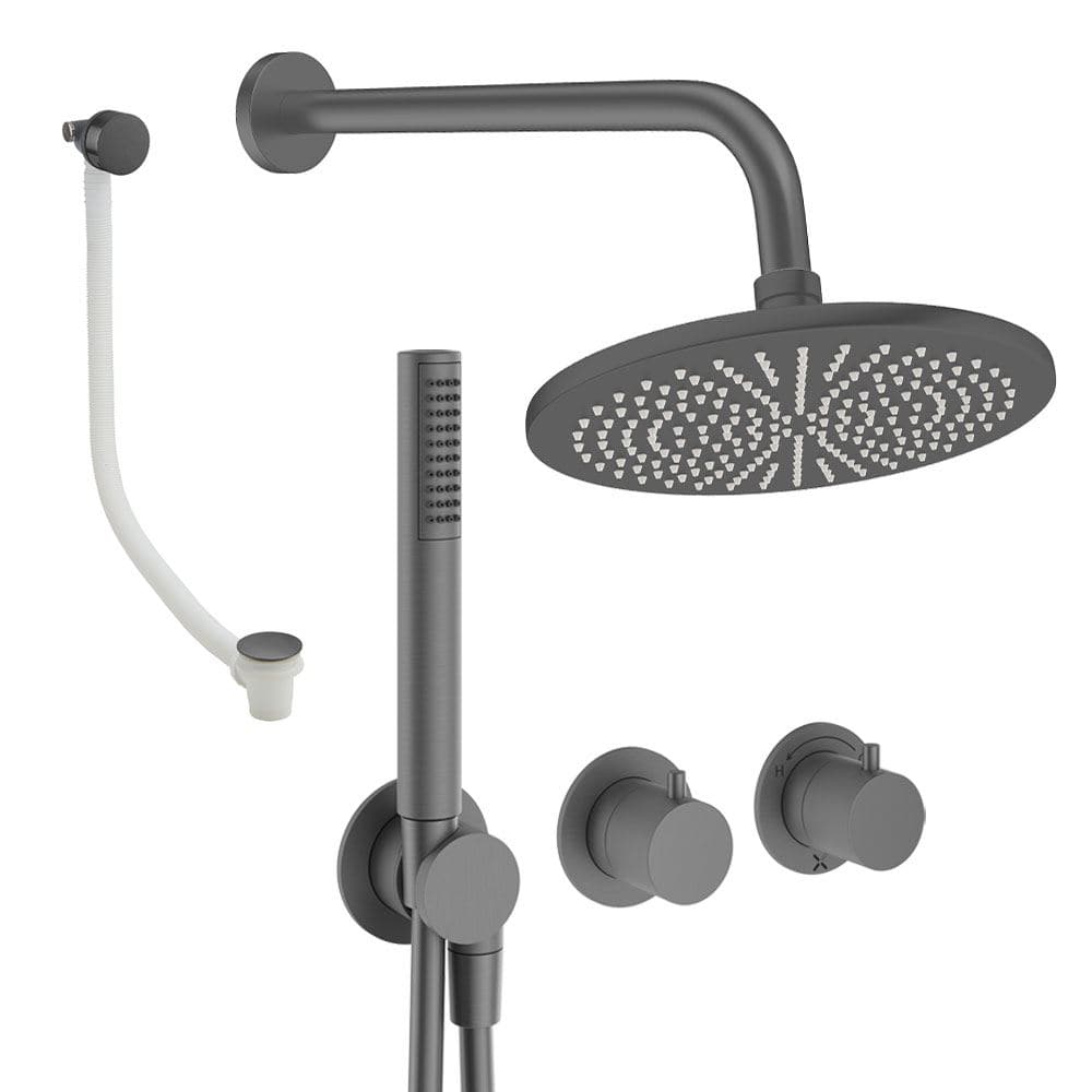 UK Bathroom Store Concealed Shower Set Slate / Wall Arm / 300mm Crosswater Module Shower Set 9 - 3 Outlet with Pencil Handset, Overhead Shower and Overflow Filler