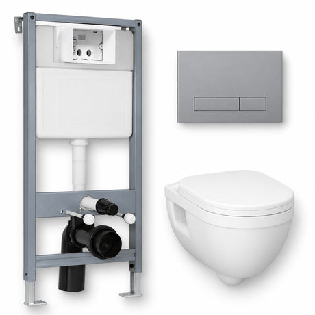 Imex Wall Hung Toilet Square Buttons Imex Ivo Rimless Wall hung Toilet Pack with Frame, Flush Plate, and Soft Closing Seat