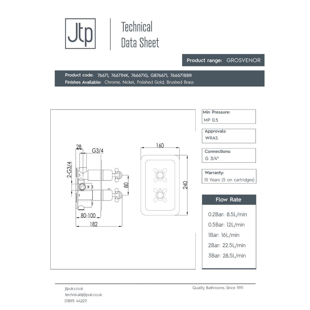 JTP Concealed Shower Valve JTP Grosvenor Cross 2 Outlet, 2 Handle, Thermostatic Vertical Concealed Thermostatic Shower Valve