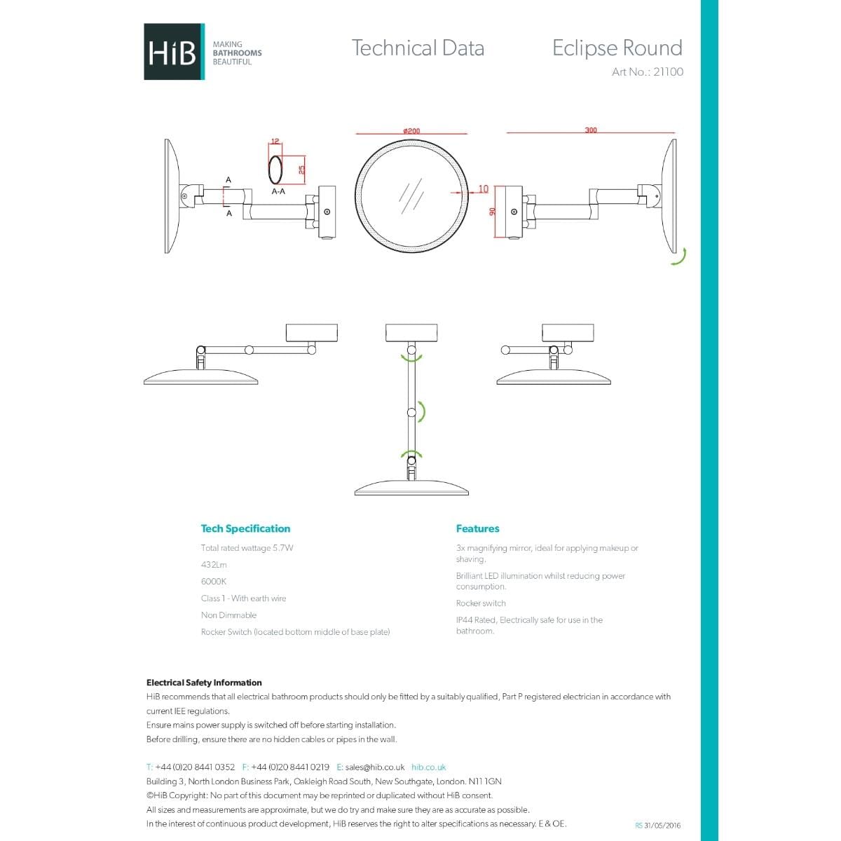 hib. Cosmetic and Shaving Mirror hib. Eclipse LED Round Illuminated Magnifying Mirror