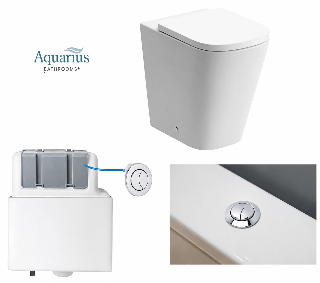 Aquarius Bathrooms Back to Wall Toilet Chrome Aquarius Laura Back to Wall Rimless Toilet Bundle with Pan, Cistern and Flush Button